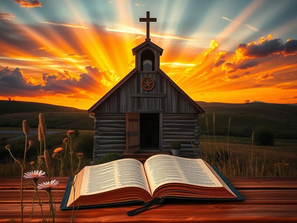 Flick International A rustic church nestled in the rolling hills of the American Bible Belt during sunset