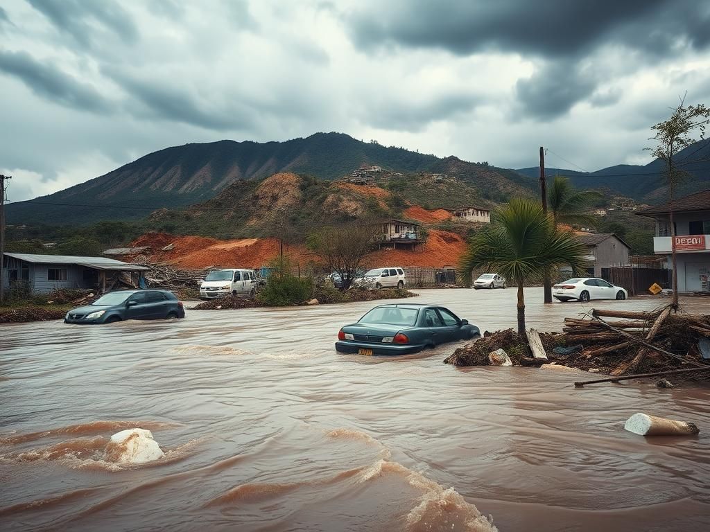 Flick International Dramatic aftermath of severe flooding in central Mexico with submerged cars and debris