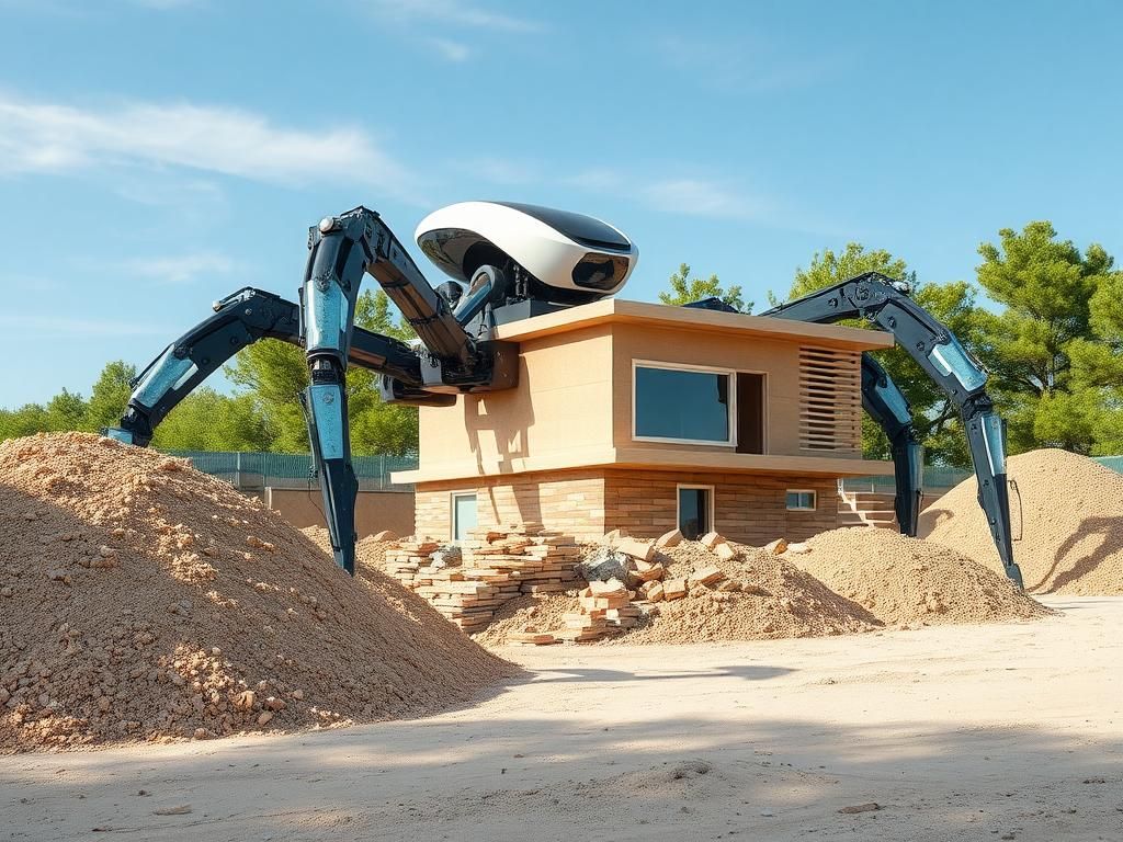 Flick International A large 3D printing robot named Charlotte constructing a sustainable home using eco-friendly materials.
