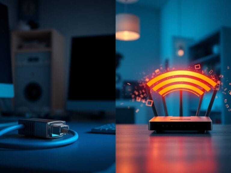 Flick International A split scene contrasting Ethernet and Wi-Fi security with organized desk and modern router on the left, and a glowing Wi-Fi signal on the right.