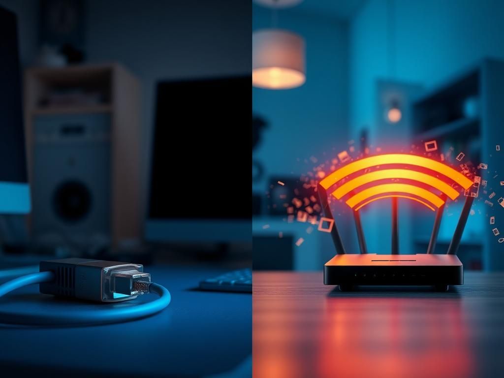 Flick International A split scene contrasting Ethernet and Wi-Fi security with organized desk and modern router on the left, and a glowing Wi-Fi signal on the right.