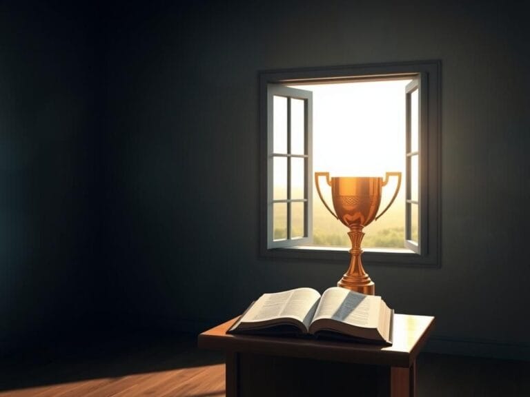 Flick International A serene room with a wooden podium and a golden trophy illuminated by soft sunlight.