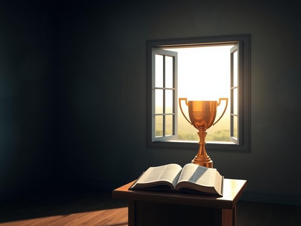 Flick International A serene room with a wooden podium and a golden trophy illuminated by soft sunlight.