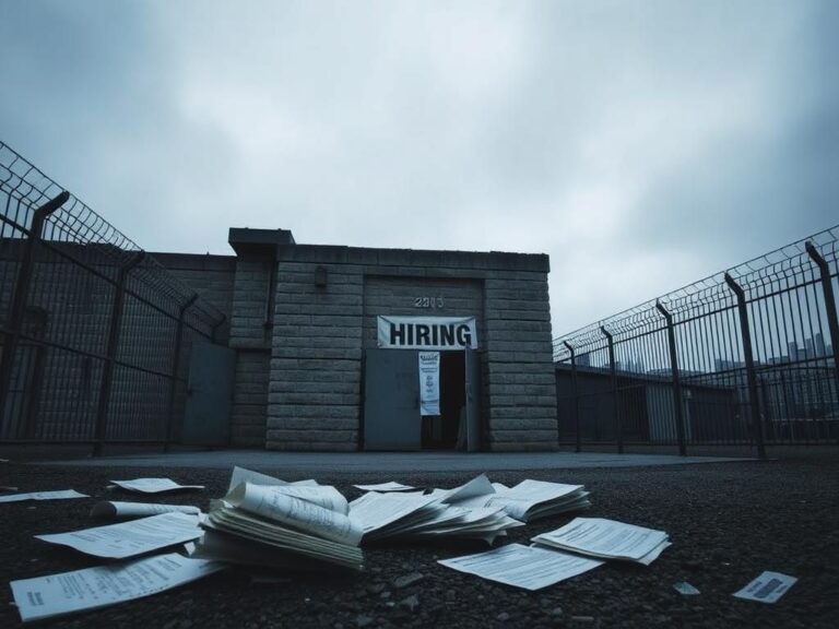 Flick International A dilapidated jail surrounded by security fencing with discarded legal documents in the foreground.