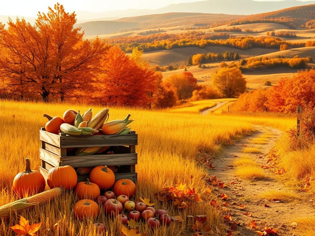 Flick International A serene autumn landscape featuring pumpkins, corn, and apples in a golden field.