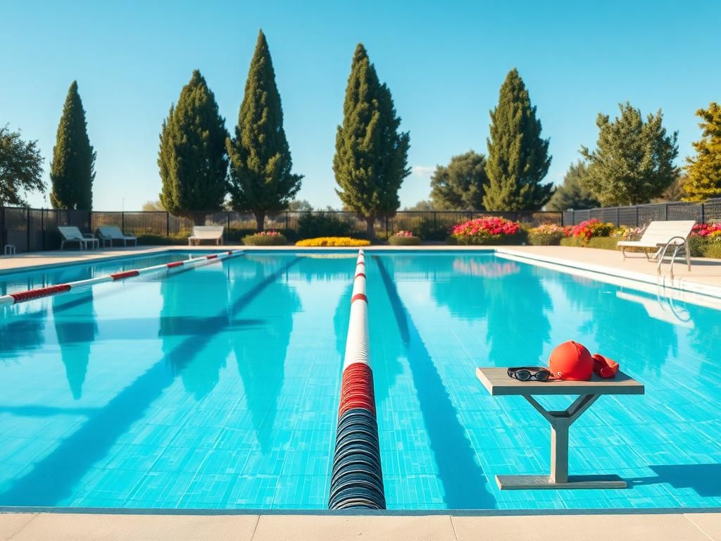 Flick International Serene outdoor swimming pool reflecting a clear blue sky with an empty lane marker