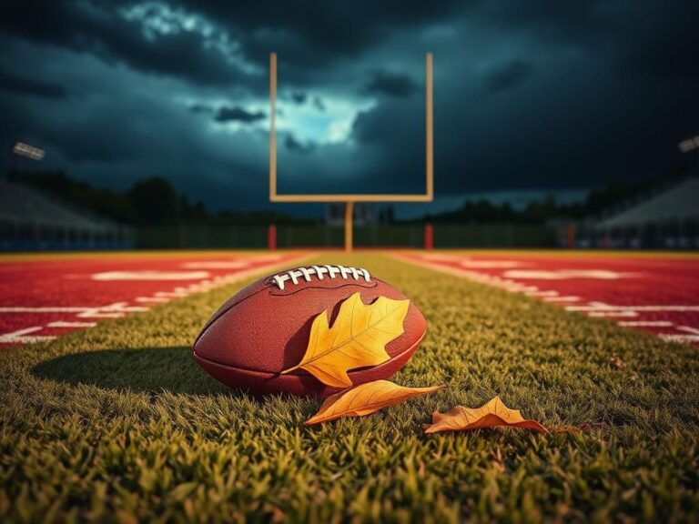 Flick International A close-up of a football on a dimly lit football field with a fallen leaf, symbolizing change and uncertainty.