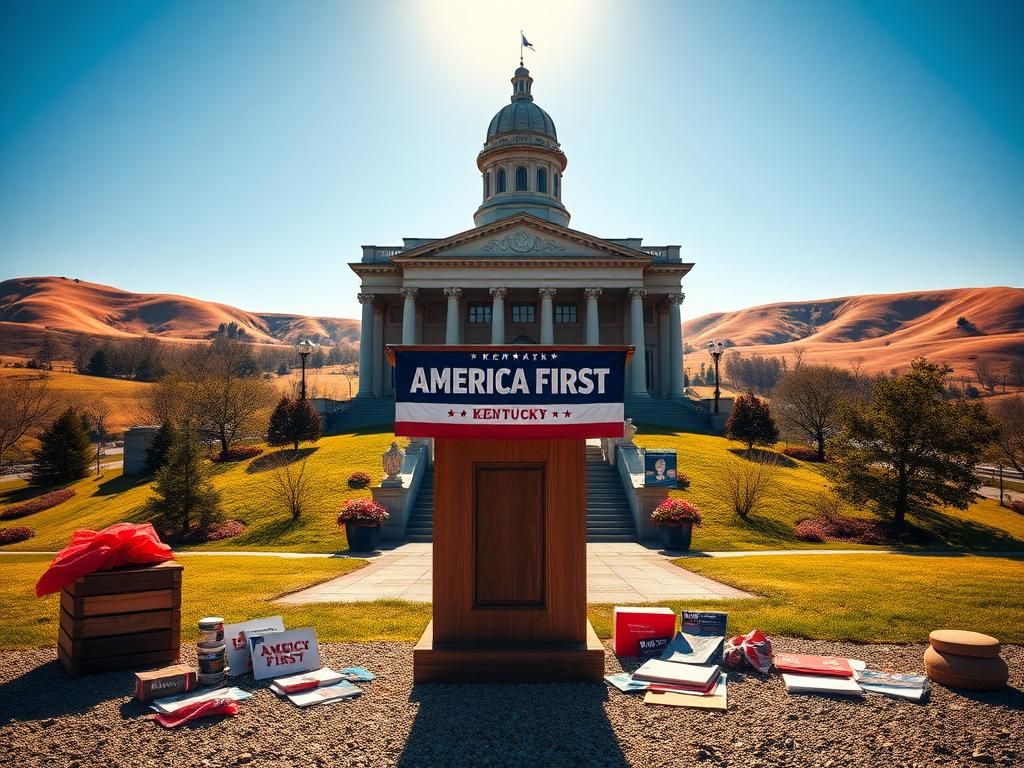 Flick International Political campaign scene in Kentucky featuring a grand state capitol building and podium