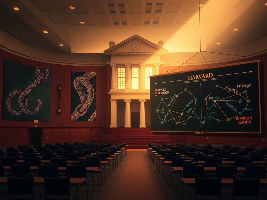 Flick International Grand Harvard University campus building with an empty lecture hall illuminated by soft sunlight