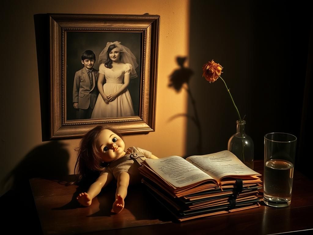 Flick International A dimly lit room displaying a vintage wedding photo juxtaposed with a broken doll, symbolizing the impact of child marriage.