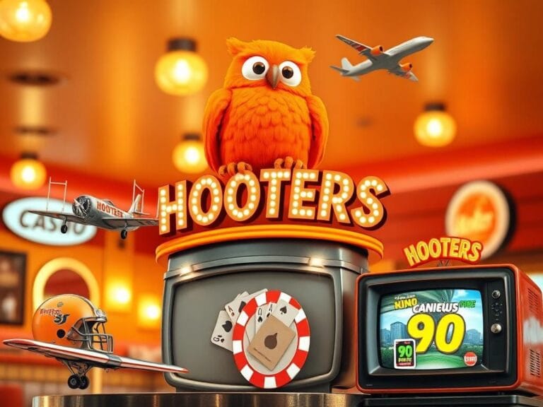 Flick International Vibrant depiction of Hooters' iconic orange owl mascot with surrounding elements from its diverse ventures.