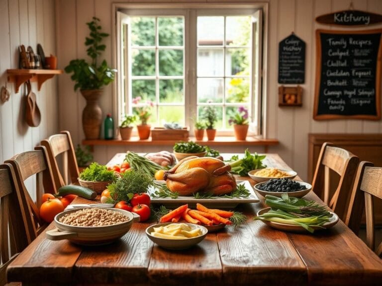 Flick International Cozy kitchen scene with a wooden dining table set for a family meal featuring fresh vegetables and a roasted chicken.