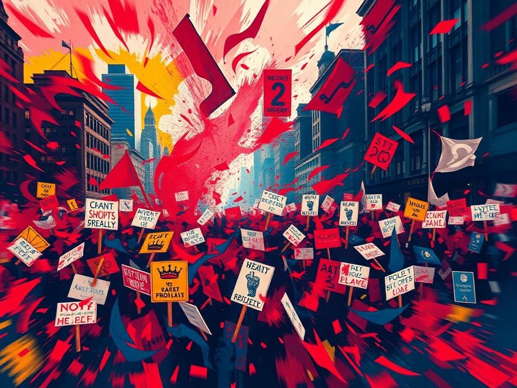 Flick International Abstract representation of a chaotic protest scene with vibrant colors and fragmented signs