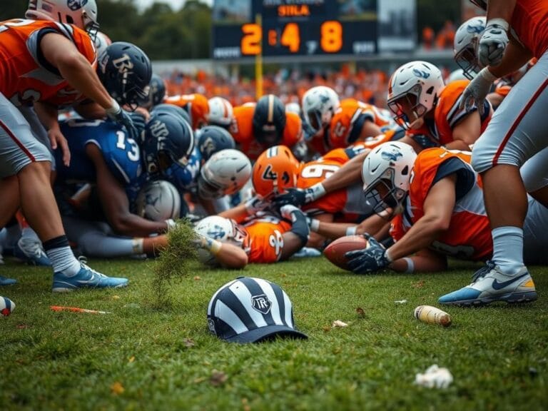 Flick International Chaotic football scene with players tangled on the ground during a game