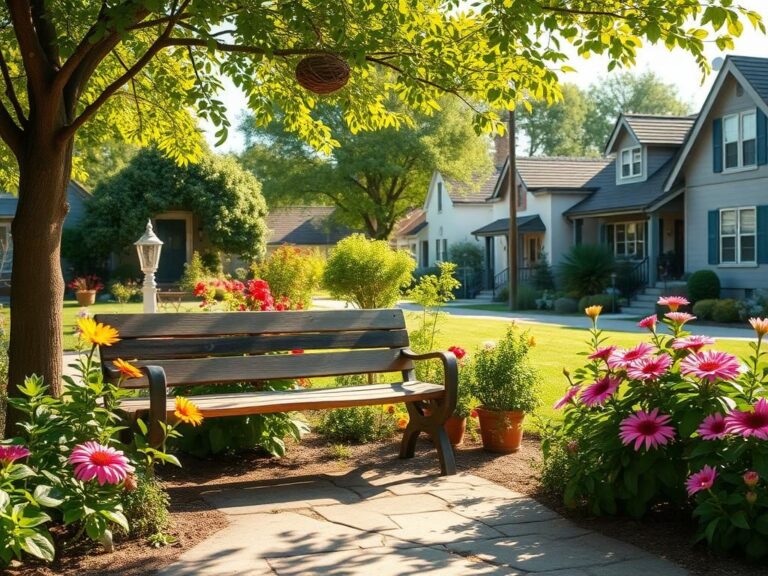 Flick International A serene outdoor space with a weathered wooden bench surrounded by vibrant flowering plants