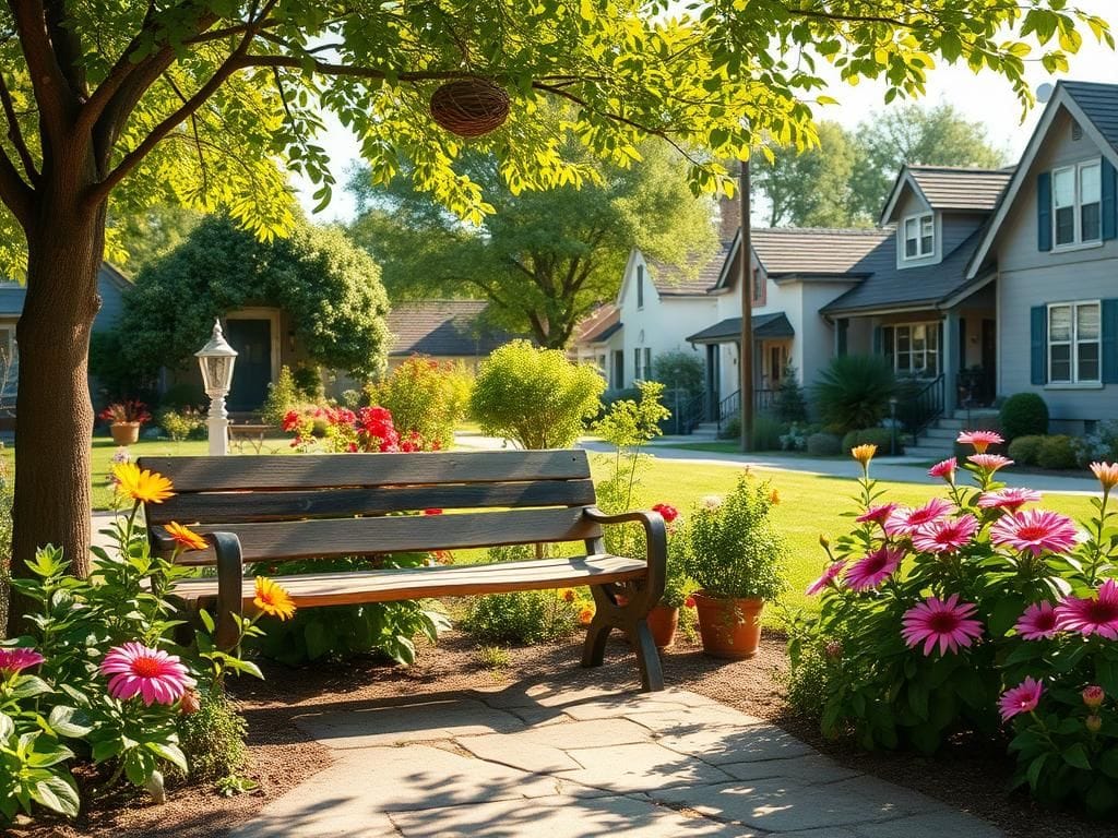 Flick International A serene outdoor space with a weathered wooden bench surrounded by vibrant flowering plants