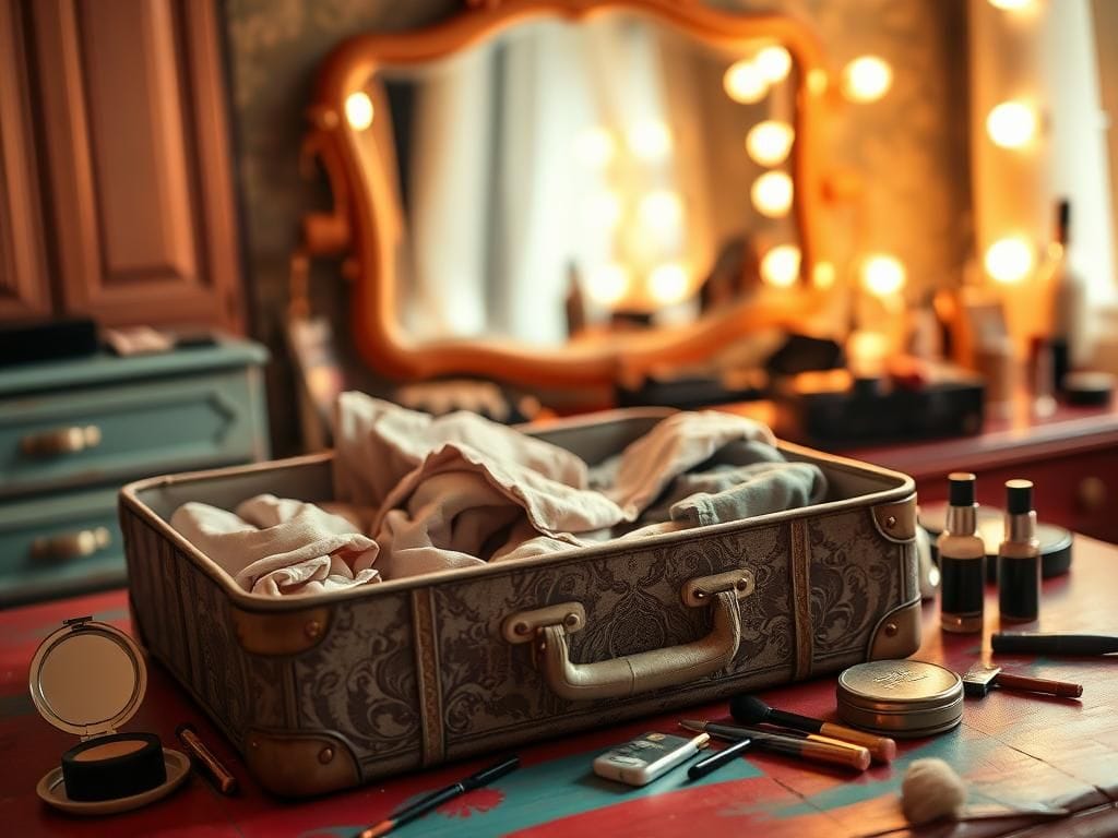 Flick International Close-up of a vintage suitcase on a colorful makeup table, partially filled with clothing