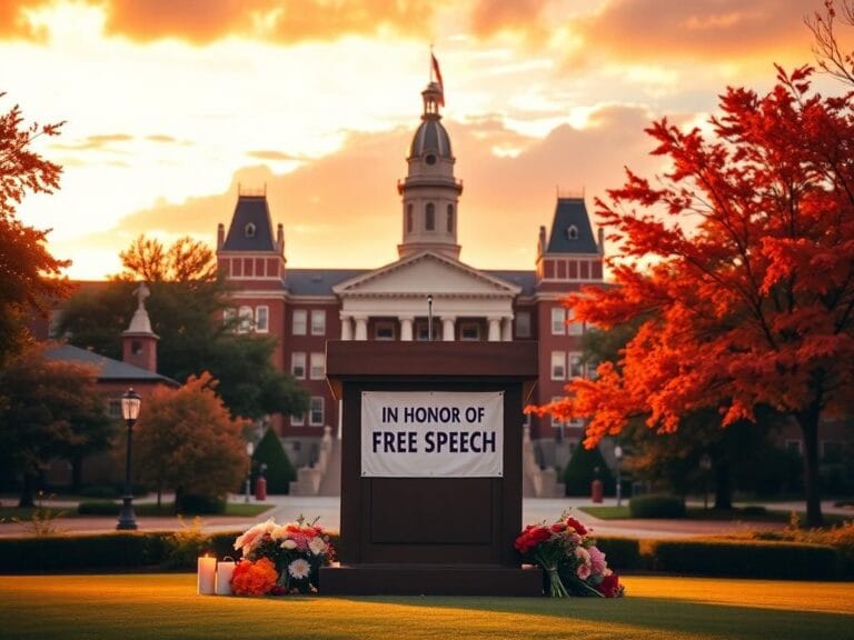 Flick International Empty podium with flowers and candles at Clemson University honoring Charlie Kirk