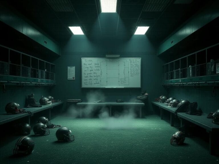 Flick International Dimly lit NFL locker room during halftime with empty bench and scattered equipment