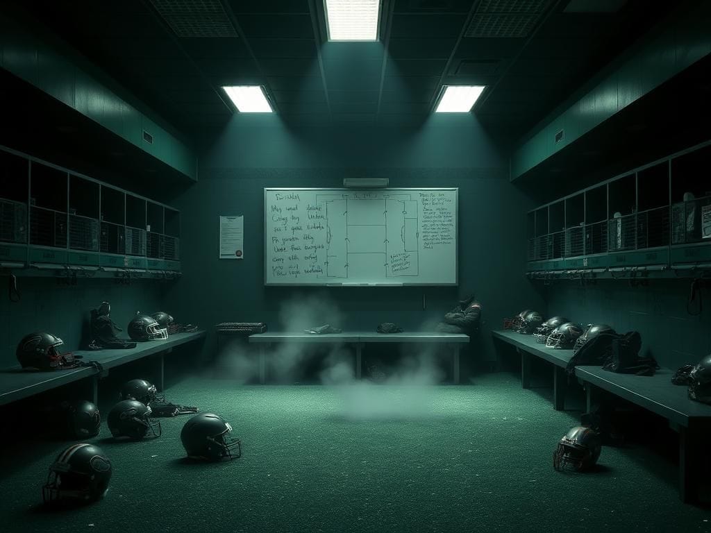 Flick International Dimly lit NFL locker room during halftime with empty bench and scattered equipment