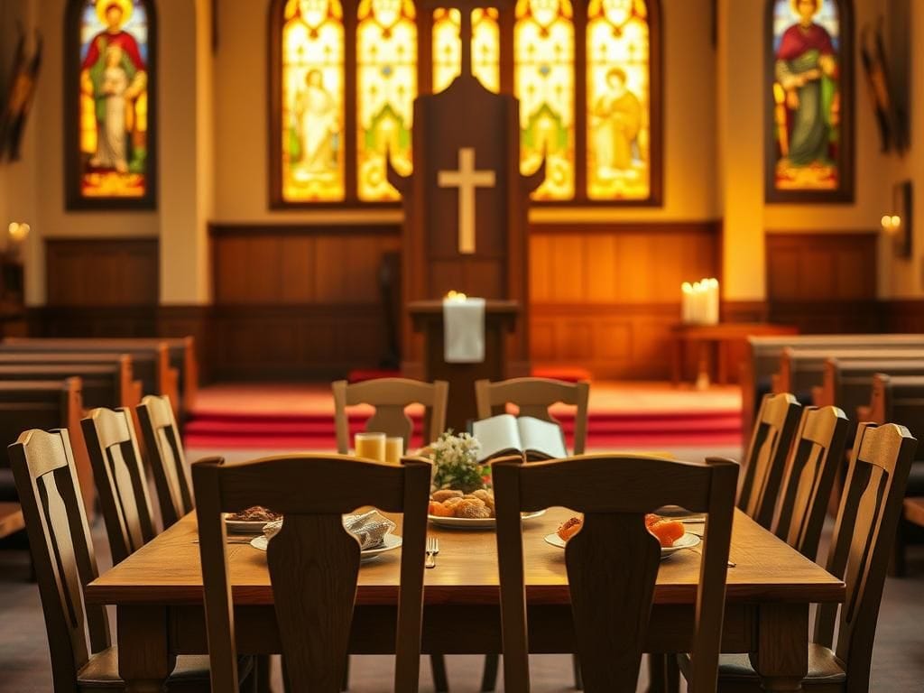 Flick International Peaceful church interior with warm light and family dinner setup