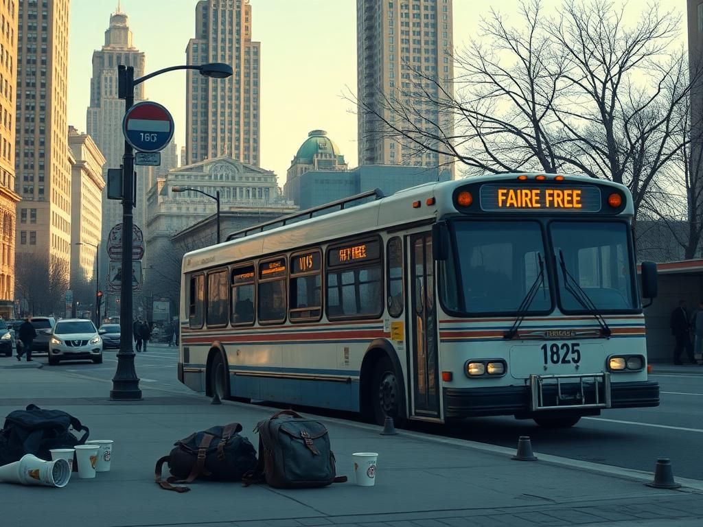 Flick International A bustling New York City street featuring an empty bus stop and an idle retro city bus
