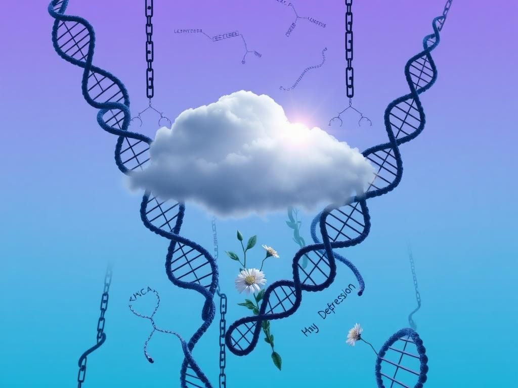 Flick International A serene collage of DNA strands intertwined with symbols of mental health, showcasing the connection between genetics and women's mental health.