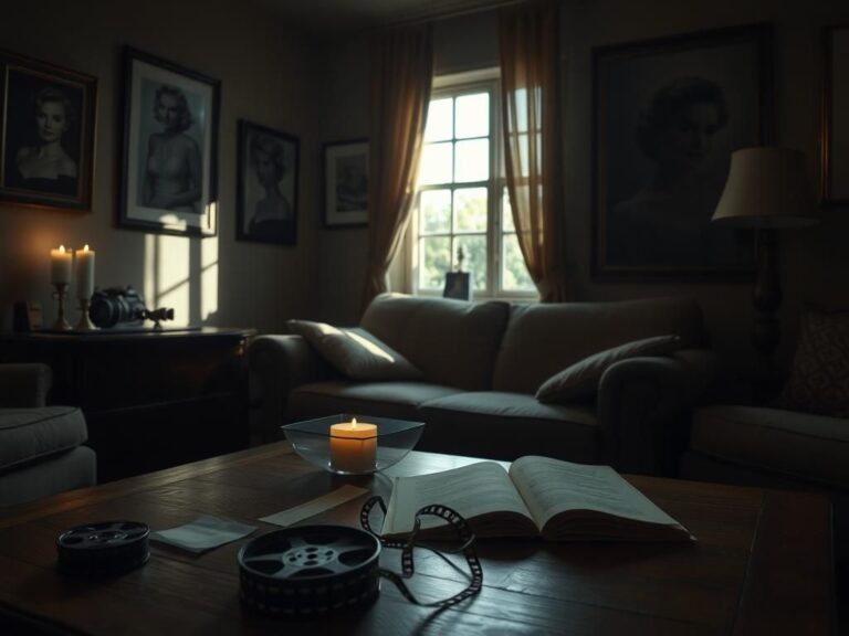 Flick International A dimly lit living room with vintage furnishings and framed photographs of a Hollywood actress