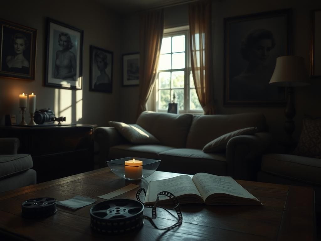 Flick International A dimly lit living room with vintage furnishings and framed photographs of a Hollywood actress