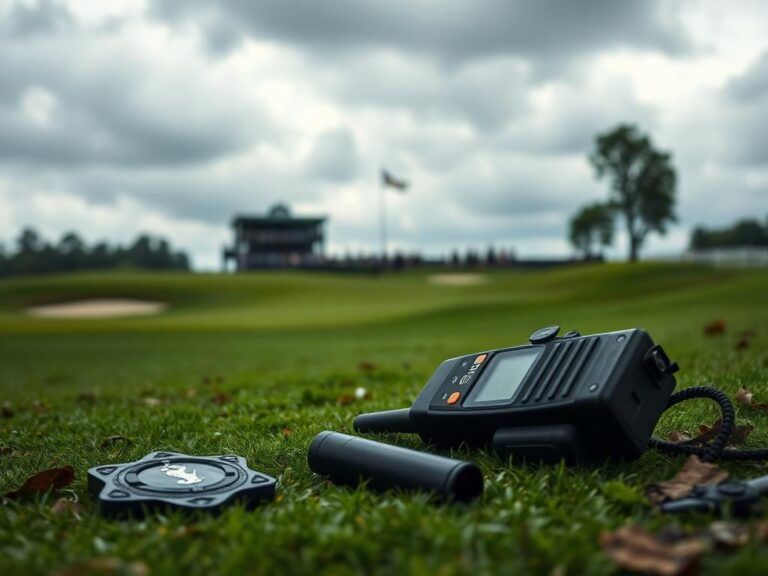 Flick International An abandoned tactical police badge and radio on the lush green fairways of Bethpage Black golf course, hinting at recent chaos.