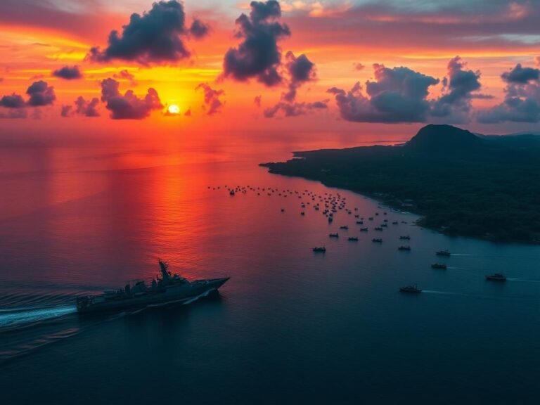 Flick International Aerial view of Caribbean coastline with naval vessel patrolling against drug trafficking threats