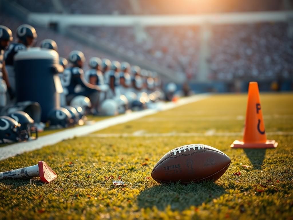 Flick International Close-up of Indianapolis Colts warmup sidelines with football gear scattered