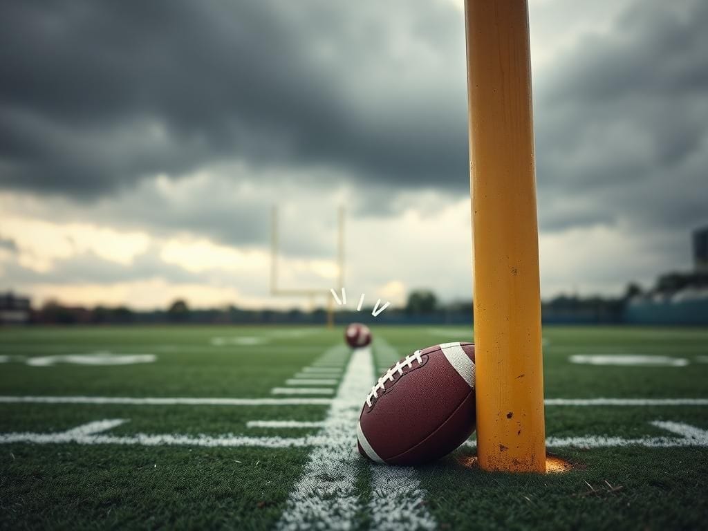 Flick International Close-up view of an NFL goalpost with right upright and abandoned football