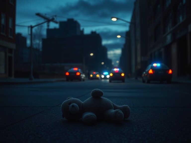 Flick International abandoned teddy bear on an empty street at dusk symbolizing lost childhood innocence