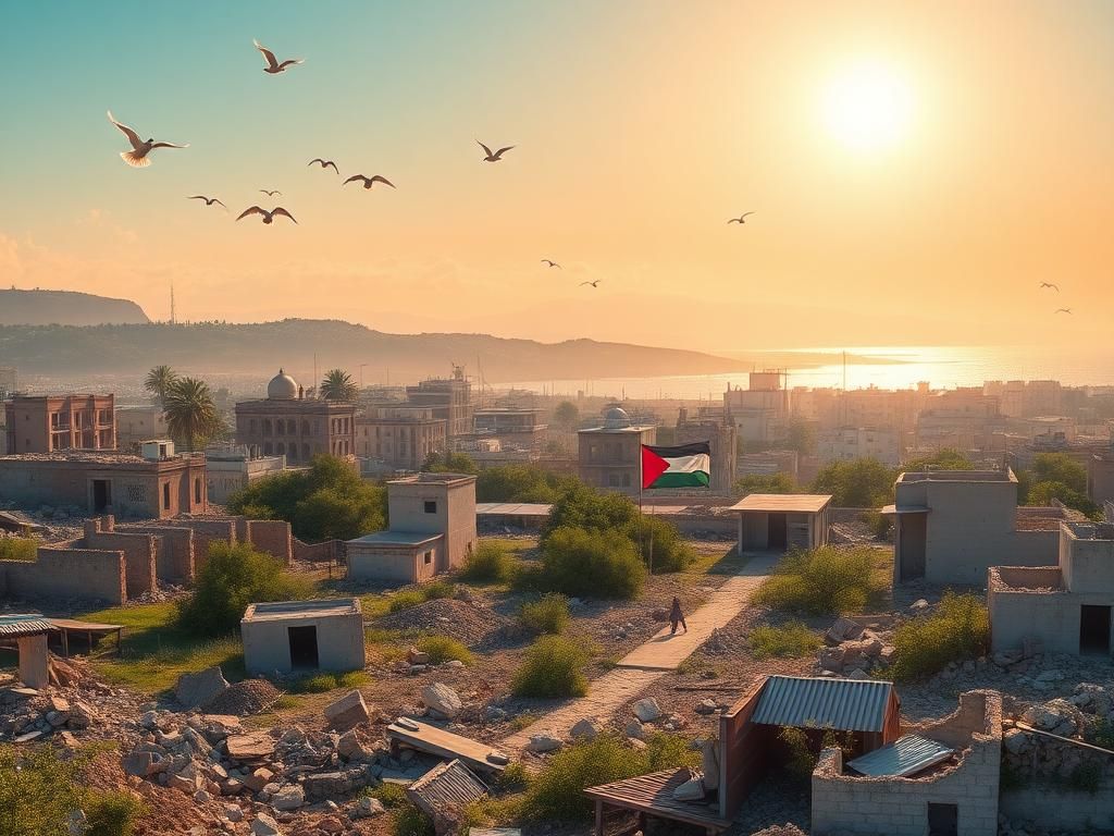 Flick International A serene landscape of a post-conflict Gaza Strip with urban ruins and signs of reconstruction efforts under a bright sky.