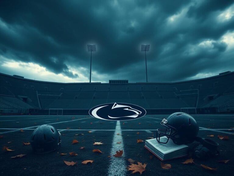 Flick International Overcast sky over an abandoned college football stadium featuring the Penn State Nittany Lions logo