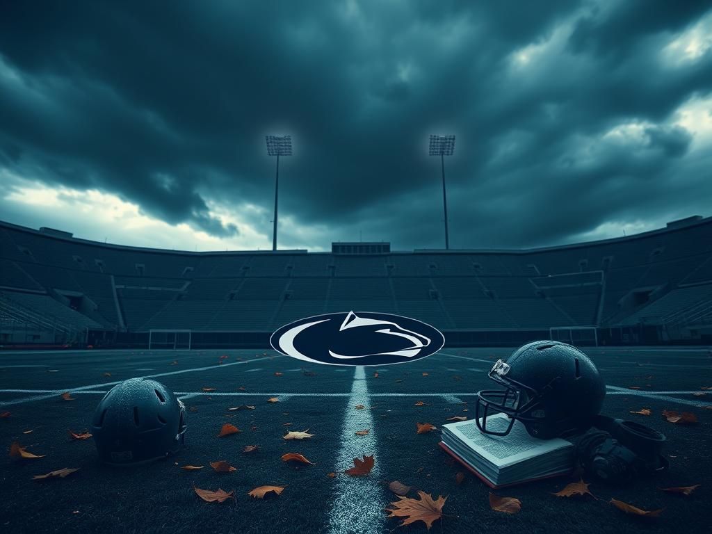Flick International Overcast sky over an abandoned college football stadium featuring the Penn State Nittany Lions logo
