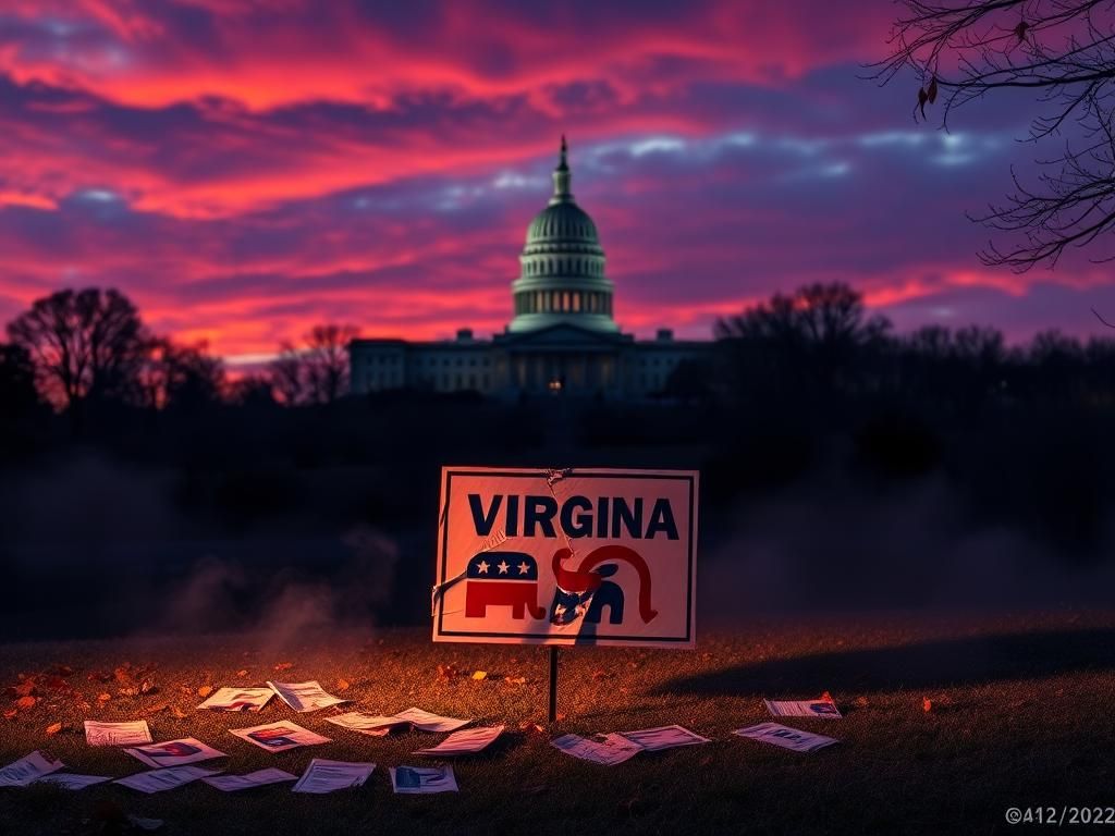Flick International A divided Virginia landscape at dusk with the state capitol building in the background