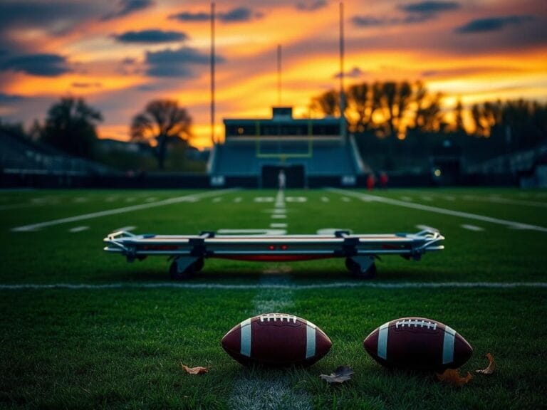 Flick International An empty stretcher on a football field at twilight after an injury incident