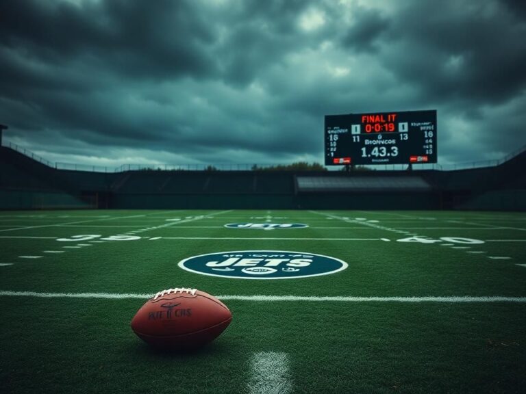 Flick International Dramatic scene of an empty football field with the New York Jets logo, hinting at recent game disappointment.