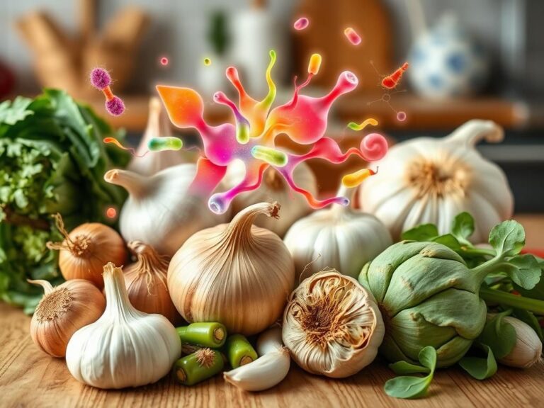 Flick International Close-up of vibrant fresh vegetables including onions, garlic, and artichokes with abstract shapes representing gut bacteria