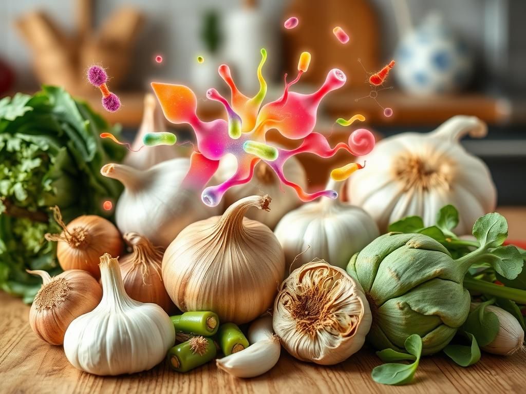 Flick International Close-up of vibrant fresh vegetables including onions, garlic, and artichokes with abstract shapes representing gut bacteria