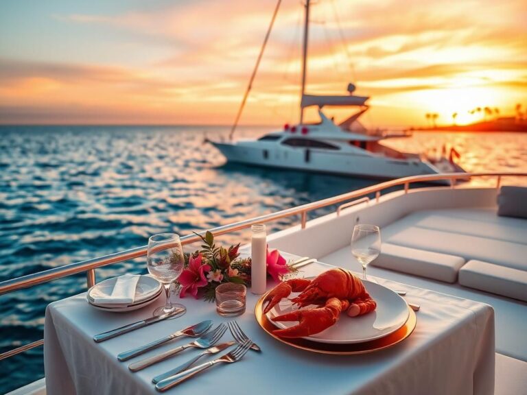 Flick International A luxurious yacht named Caravelle off the coast of Santa Barbara, showcasing an intimate dining setup with a sunset backdrop.