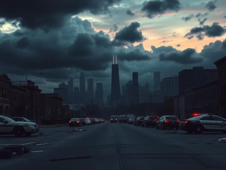 Flick International Dramatic skyline of Chicago with dark clouds, deserted streets, and broken glass depicting urban unrest