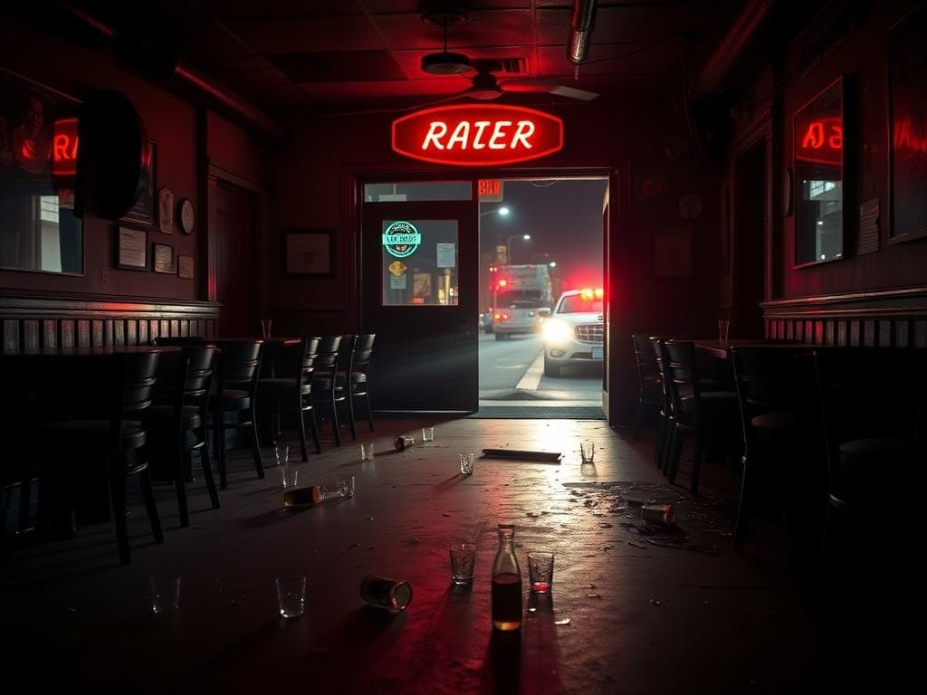 Flick International dimly lit interior of Willie's Bar and Grill showing chaos after shooting