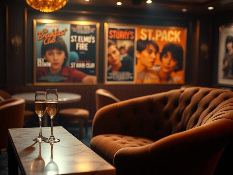 Flick International An empty velvet chaise lounge in a dimly lit VIP lounge filled with 1980s decor