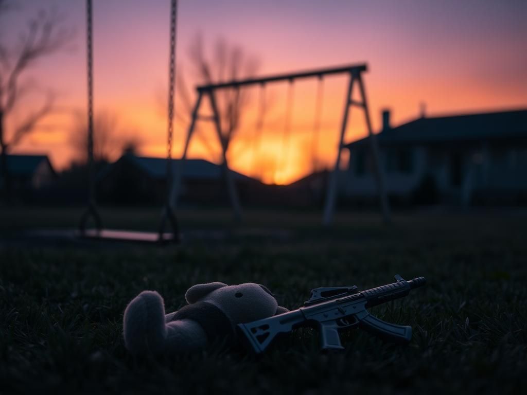 Flick International Abandoned playground at dusk symbolizing lost innocence