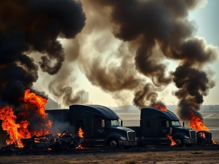 Flick International Aftermath of a small plane crash near Hicks Airfield, Texas with charred semi-trucks and smoke