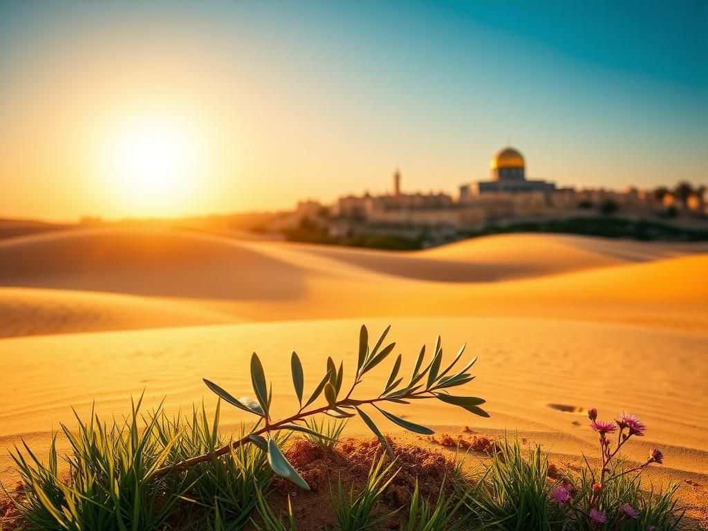 Flick International Panoramic view of the Jordanian desert landscape with a modern olive branch symbolizing peace in the foreground