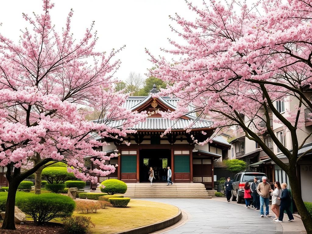 Flick International A serene landscape of Kyoto featuring an ancient temple surrounded by cherry blossom trees in full bloom.